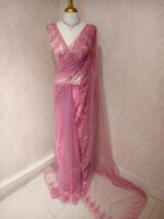 Net saree with intricate floral and vine embroidery along the border - Image 10
