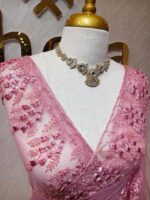 Net saree with intricate floral and vine embroidery along the border - Image 9