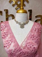 Net saree with intricate floral and vine embroidery along the border - Image 8