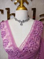 Net saree with intricate floral and vine embroidery along the border - Image 5