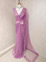 Net saree with intricate floral and vine embroidery along the border - Image 7