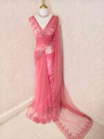 Net saree with intricate floral and vine embroidery along the border - Image 4
