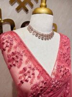 Net saree with intricate floral and vine embroidery along the border - Image 3