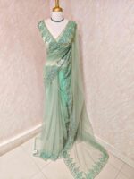 Net saree with intricate floral and vine embroidery along the border - Image 18