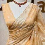 Organza with hibiscus flower and bud like motif  thread work