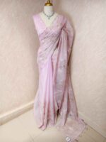 Organza with hibiscus flower and bud like motif  thread work - Image 6