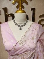 Organza with hibiscus flower and bud like motif  thread work - Image 5