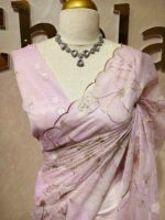 Organza with hibiscus flower and bud like motif  thread work - Image 4