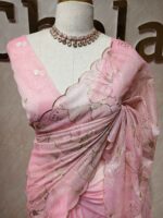 Organza with hibiscus flower and bud like motif  thread work - Image 7