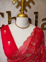 Organza with hibiscus flower and bud like motif  thread work - Image 11