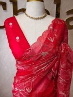 Organza with hibiscus flower and bud like motif  thread work - Image 10