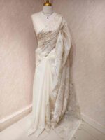 Organza with hibiscus flower and bud like motif  thread work - Image 15
