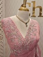 Georgette with tissue texture and colored thread, beads work on border - Image 14