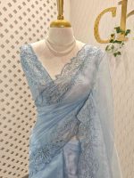 Organza with different leaf's like thread, beads pattern and scallop border - Image 7