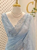 Organza with different leaf's like thread, beads pattern and scallop border - Image 8