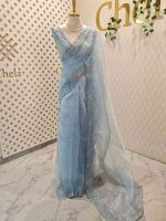Organza with different leaf's like thread, beads pattern and scallop border - Image 9
