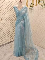 Organza with different leaf's like thread, beads pattern and scallop border - Image 10
