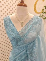 Organza with different leaf's like thread, beads pattern and scallop border - Image 11