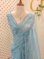 Organza with different leaf's like thread, beads pattern and scallop border - Image 12