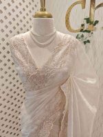 Organza with different leaf's like thread, beads pattern and scallop border - Image 13