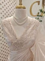 Organza with different leaf's like thread, beads pattern and scallop border - Image 14