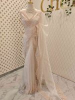 Organza with different leaf's like thread, beads pattern and scallop border - Image 15