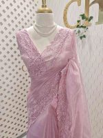 Organza with different leaf's like thread, beads pattern and scallop border - Image 18
