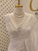 Organza with different leaf's like thread, beads pattern and scallop border - Image 20