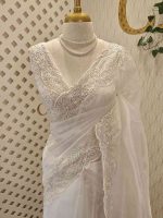 Organza with different leaf's like thread, beads pattern and scallop border - Image 21