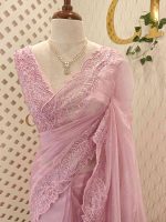 Organza with different leaf's like thread, beads pattern and scallop border - Image 22