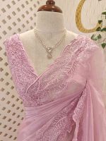Organza with different leaf's like thread, beads pattern and scallop border - Image 23