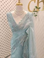 Organza with different leaf's like thread, beads pattern and scallop border - Image 25