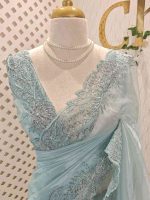 Organza with different leaf's like thread, beads pattern and scallop border - Image 26