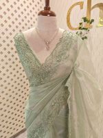 Organza with different leaf's like thread, beads pattern and scallop border - Image 28