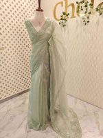 Organza with different leaf's like thread, beads pattern and scallop border - Image 29