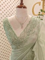 Organza with different leaf's like thread, beads pattern and scallop border - Image 30