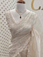 Organza with different leaf's like thread, beads pattern and scallop border