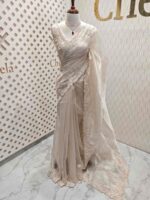 Organza with different leaf's like thread, beads pattern and scallop border - Image 3