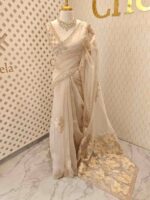 Organza with Turkish floral applique, sequence, cut beads work and shadow work on border - Image 7