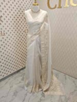 Organza with small floral, leafy applique work and diamond shaped thread work border - Image 4