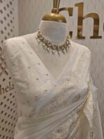 Organza with small floral, leafy applique work and diamond shaped thread work border - Image 3