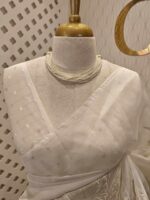 Organza with floral and leafy applique work and golden buttas on blouse - Image 2