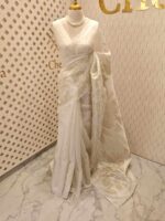 Organza with floral and leafy applique work and golden buttas on blouse - Image 3