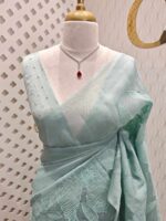 Organza with floral and leafy applique work and golden buttas on blouse - Image 4