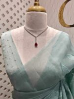 Organza with floral and leafy applique work and golden buttas on blouse - Image 5