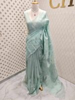 Organza with floral and leafy applique work and golden buttas on blouse - Image 6