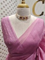 Organza with floral and leafy applique work and golden buttas on blouse - Image 8