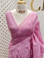 Organza with floral and leafy applique work and golden buttas on blouse - Image 7