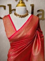 Soft katan silk with simple flower buttas and zigzag, diamond like zari border - Image 7