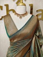 Soft katan silk with simple flower buttas and zigzag, diamond like zari border